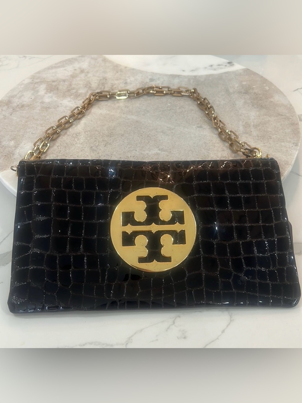 Tory Burch Reva Croc Embossed Patent Leather Fold over Clutch Shoulder Bag